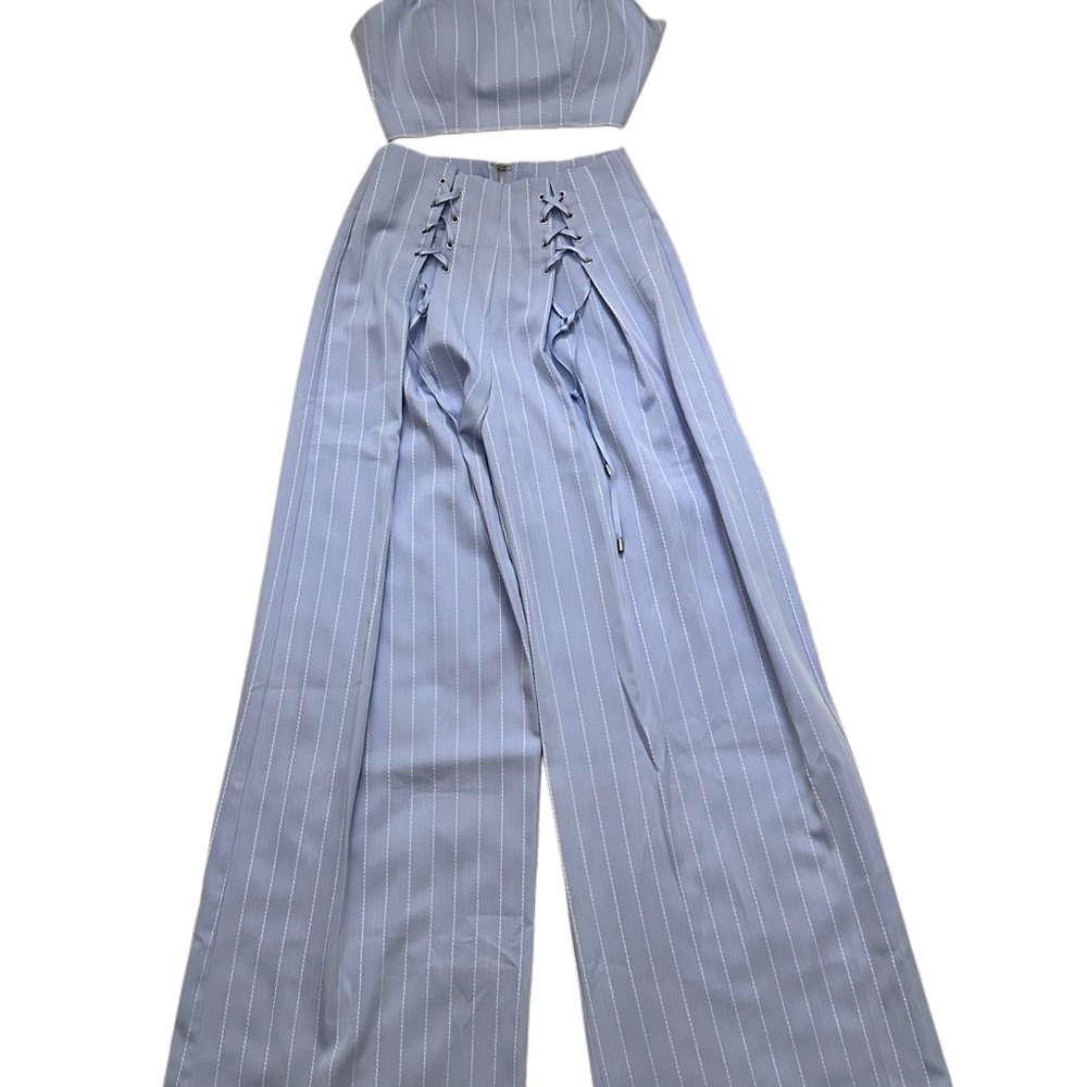 Fashion Nova Blue Pinstripe Wide Leg Jumpsuit